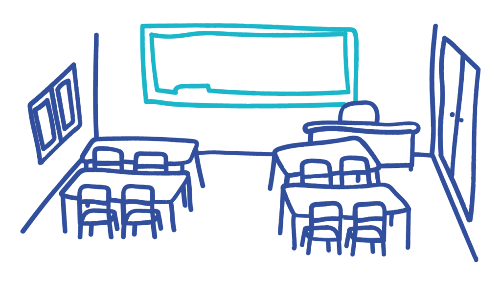 Ilustração mostrando uma sala de aula vazia, já que o ensino híbrido está sendo utilizado.